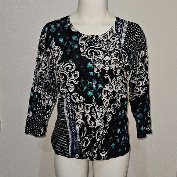 WHBM White House Black Market Black Green Top Cardigan MEDIUM Ribbed Waist Snaps - Picture 1 of 12